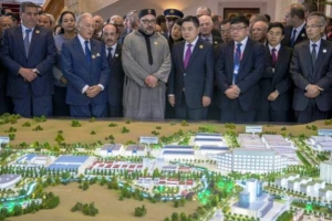 Le roi Mohammed VI (c) et Li Biao, président du groupe chinois Haite, devant la maquette d&#039;une &quot;ville industrielle&quot;, le 20 mars 2017 au Palais Royal, près de Tanger 