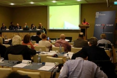 Le SG du SYNAPPCI, Guillaume Gbato, lors de l&#039;Assemblée générale de UNI-MEI à Lisbonne (Portugal), en octobre 2015
